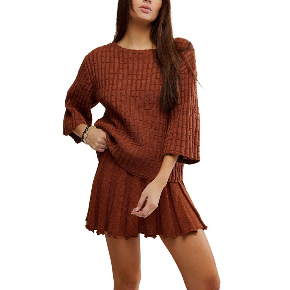 Free People Free-Est Kenzie Mini Pleated Skirt Mid‎ Rise Brownstone New Medium